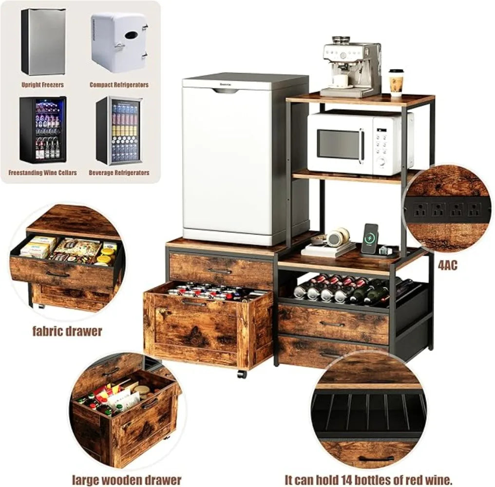 Mini Fridge Stand with Wine Rack, Kitchen Bakers Rack with Power Outlet, Microwave Oven Stand, Coffee Bar, Movable Drawers