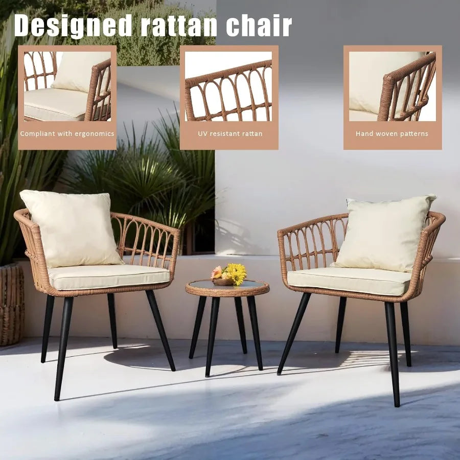 3 Piece Patio Bistro Set WeatherResistant Rattan GlassTabletop AllWeather Outdoor
