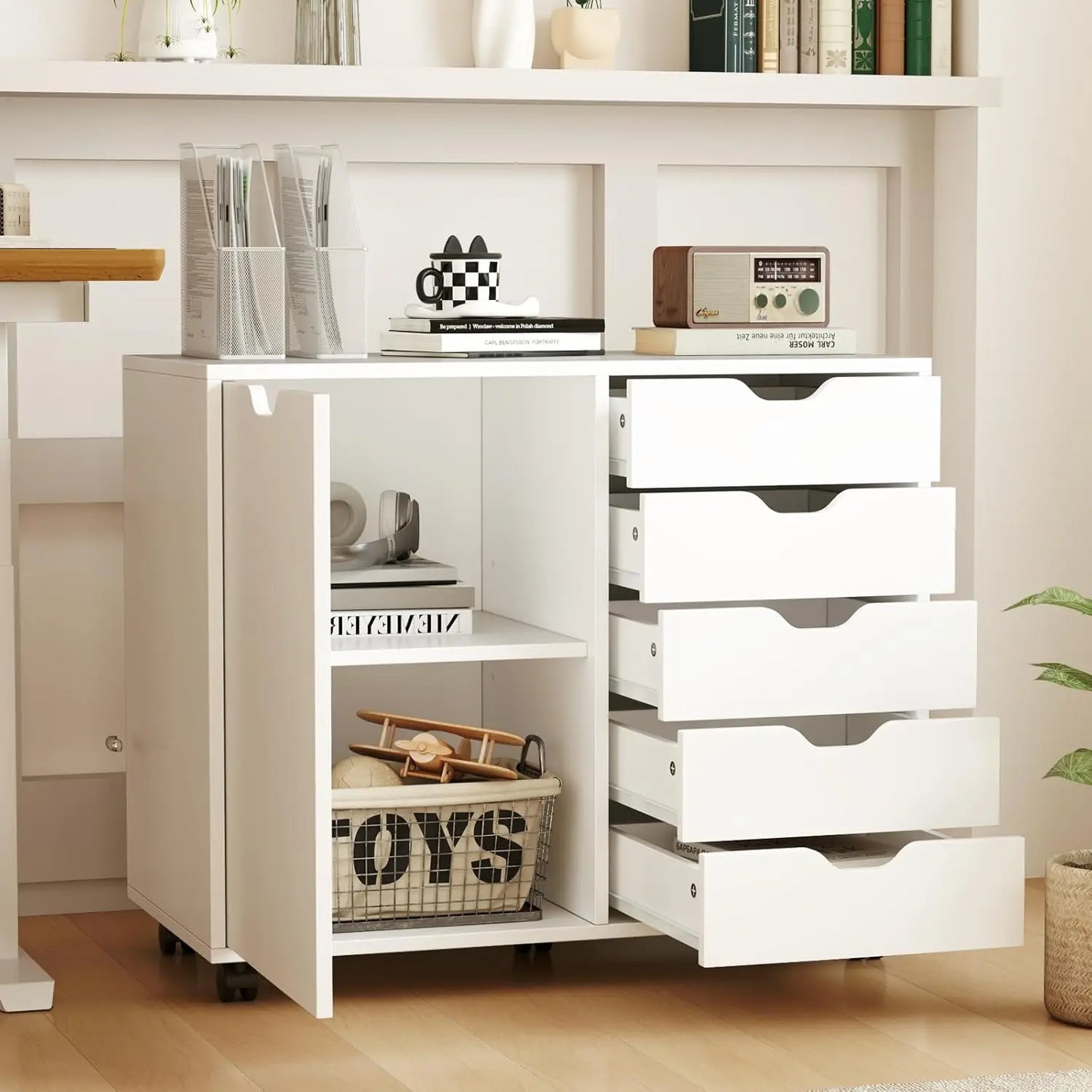 Storage Cabinet, White, Five Drawer Rolling Cabinet with Wheels (Closet or Office)