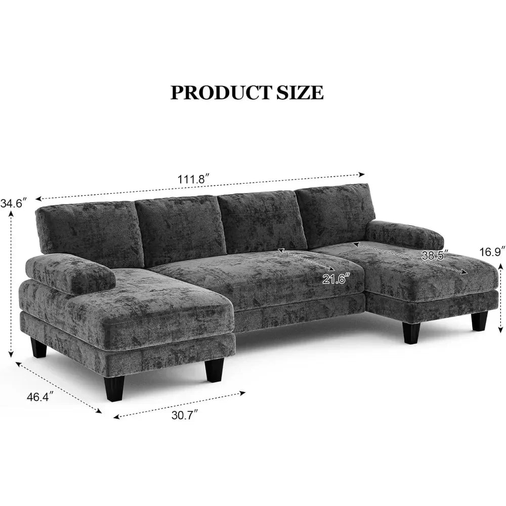 Grey U Shaped Sectional Sofa 111 Inch With Double Chaise