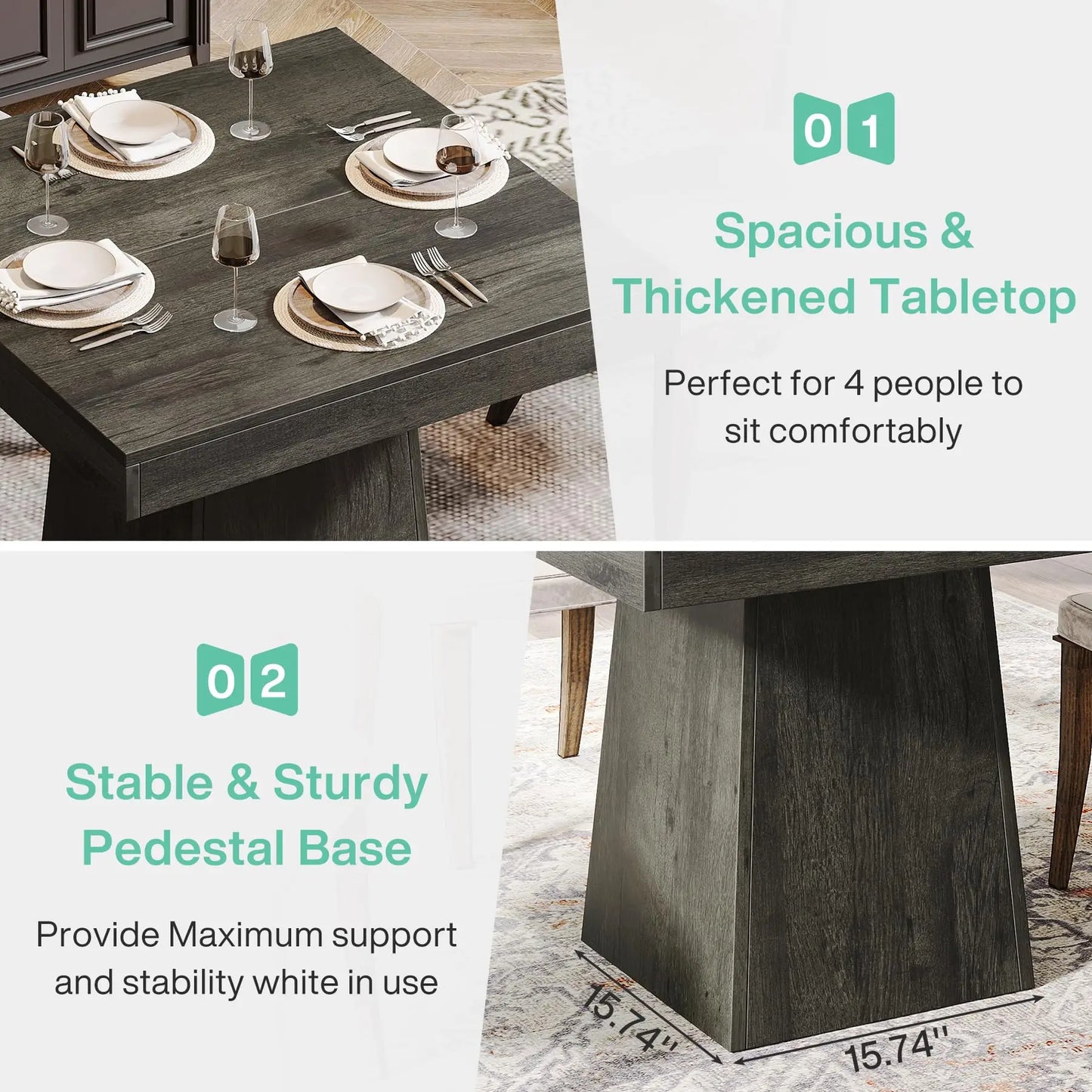 Tribesigns Square Dining Table for Four with Pedestal Base