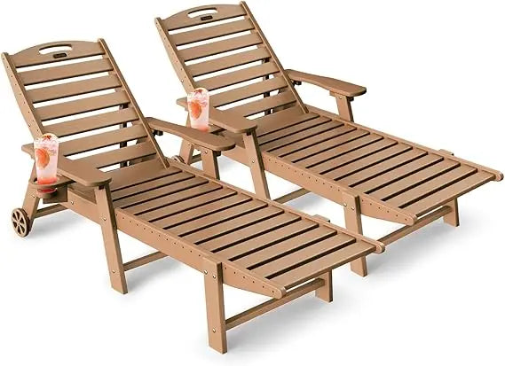 Outdoor HDPE Teak Lounge Chairs Set Of 2 Cup Holders
