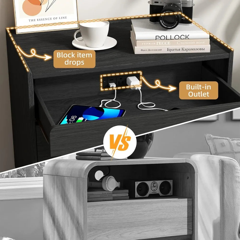 Nightstands, Wood, Set Of 2 With 3 Drawers And Charge Station