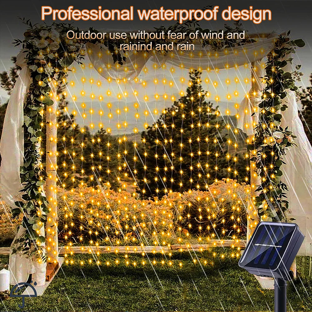 300 LED Solar Curtain Lights Outdoor Fairy Garland 8 Modes
