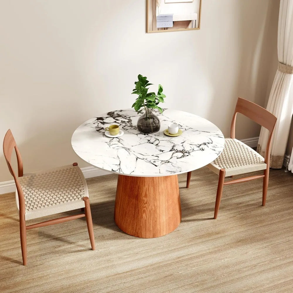 39" Round Dining Table Stone Top With Black Marble Look