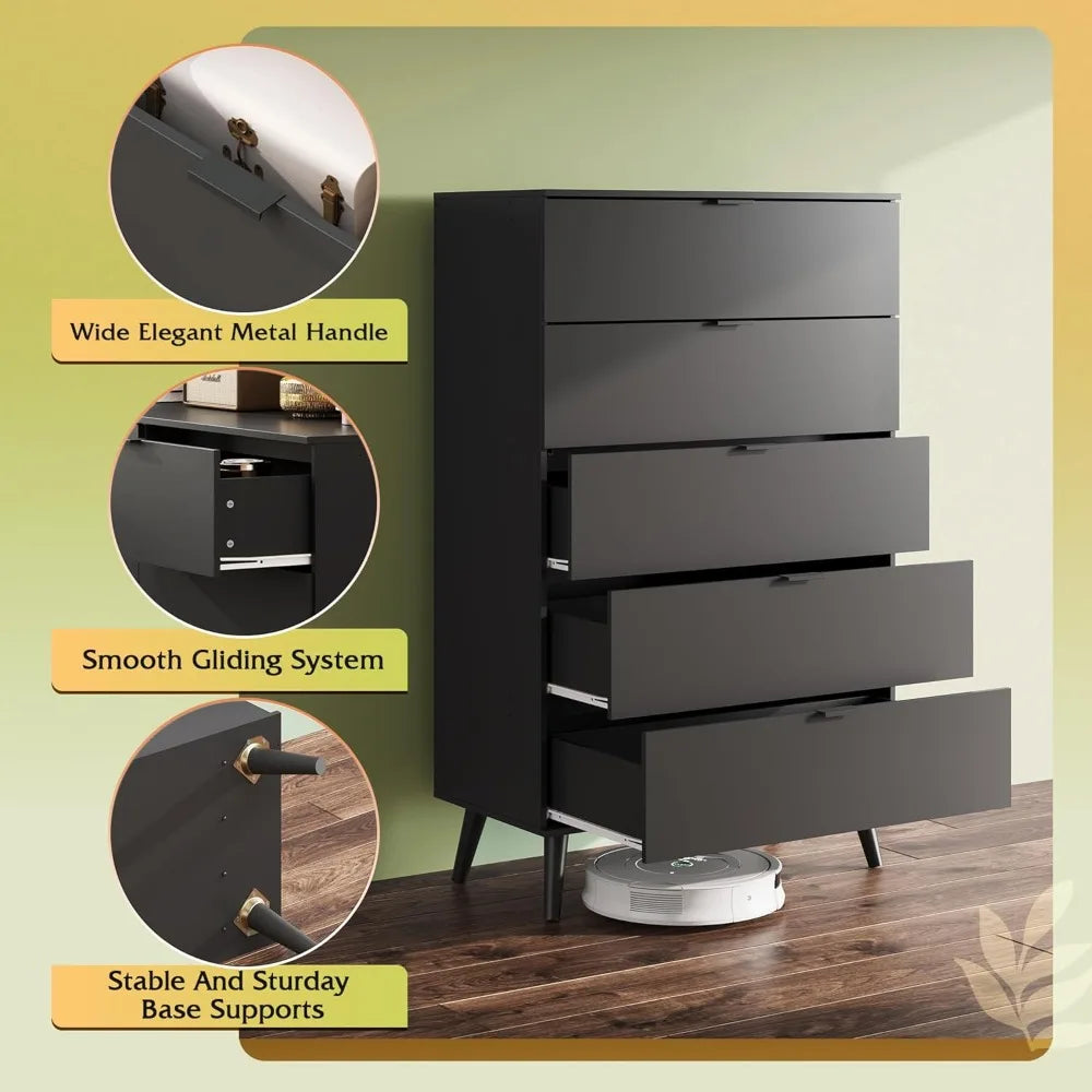 Black 5 Drawer Tall Dresser Storage With Metal Handles