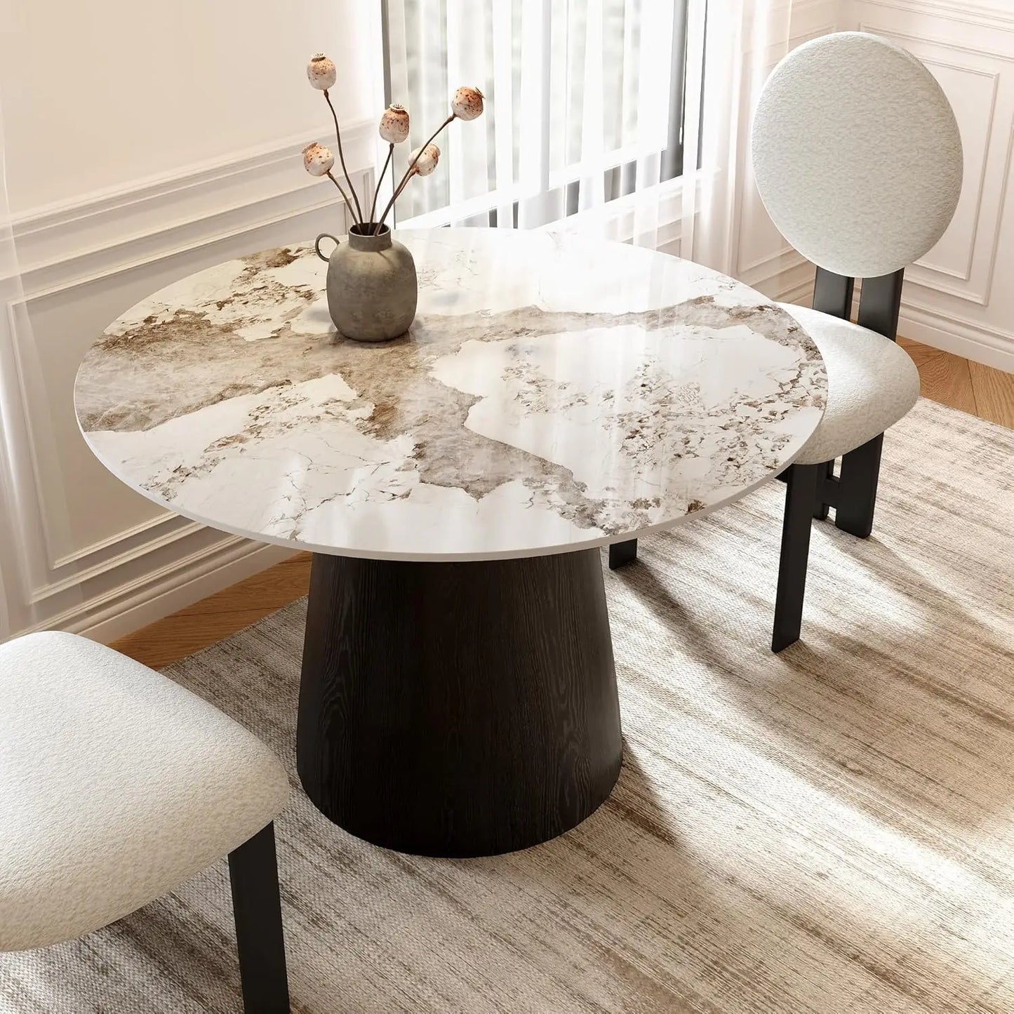 39" Round Dining Table Stone Top With Black Marble Look