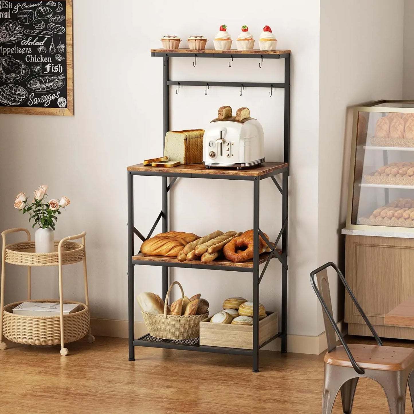 Bakers Rack with Storage Shelves, Small Coffee Bar Table with 8 Hooks, 4 Tiers Microwave Stand Station with Adjustable Shelves