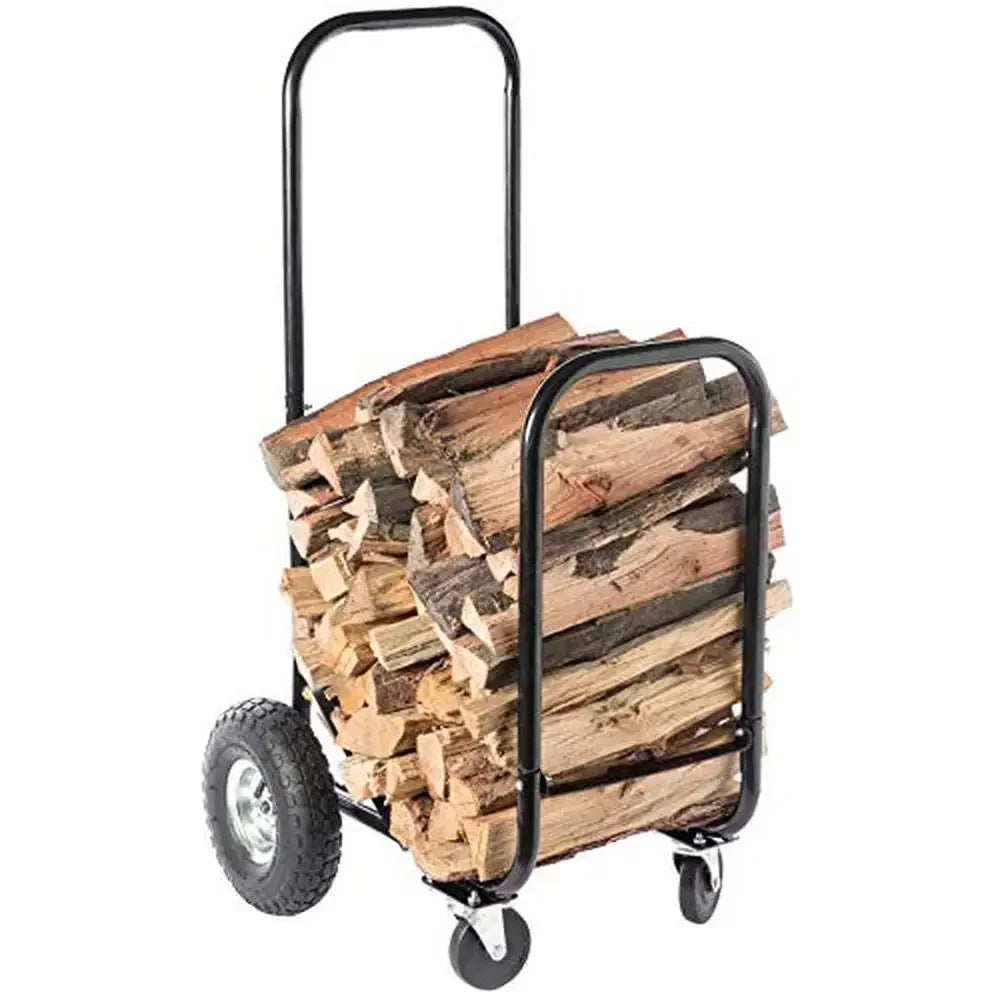 Heavy Black Firewood Rack Rolling Cart For Indoor Outdoor
