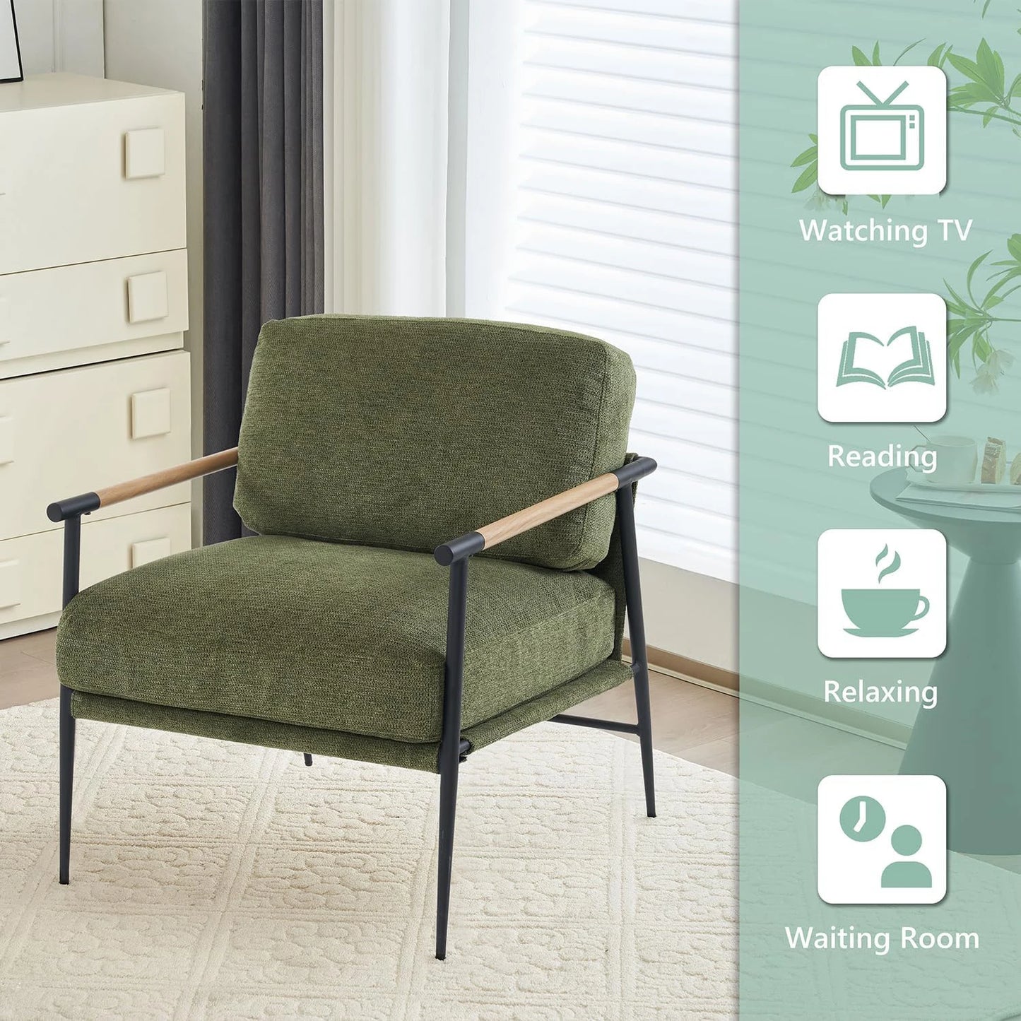 Mid Century Modern Chenille Accent Armchair With Metal Legs