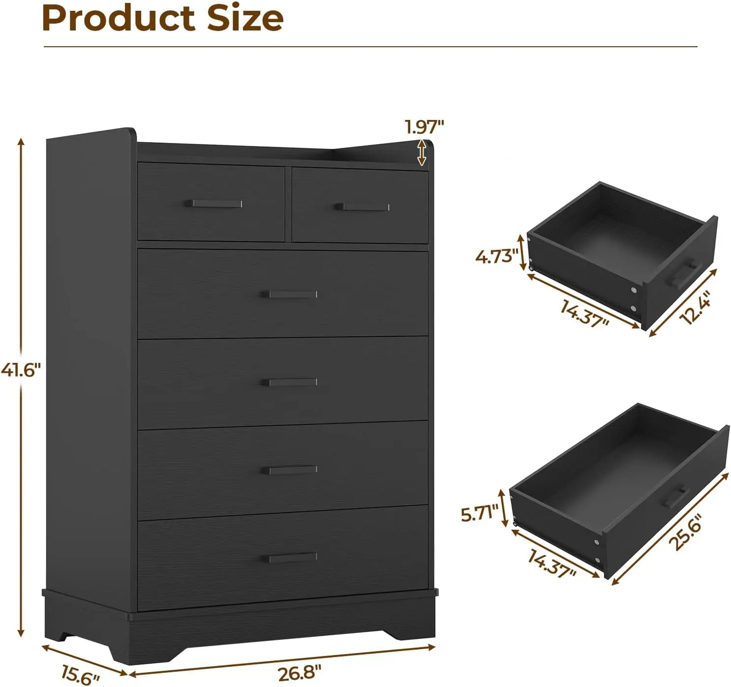 Black 6 Drawer Dresser Vertical Storage Chest Organizer