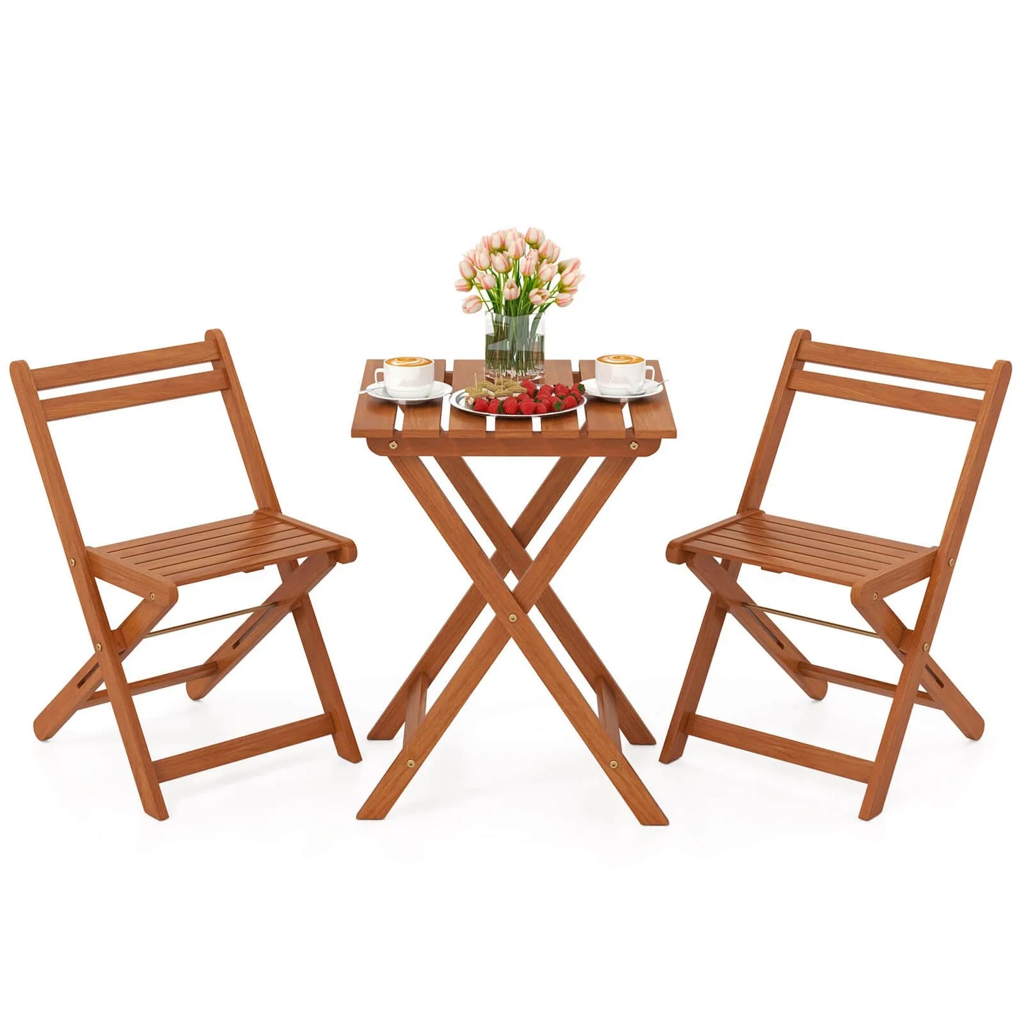 3 Piece Outdoor Wood Bistro Set w/ 2 Folding Chairs & Dining Table for Backyard