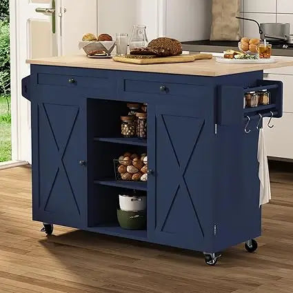 Blue Kitchen Island On Wheels With Drop Leaf Countertop