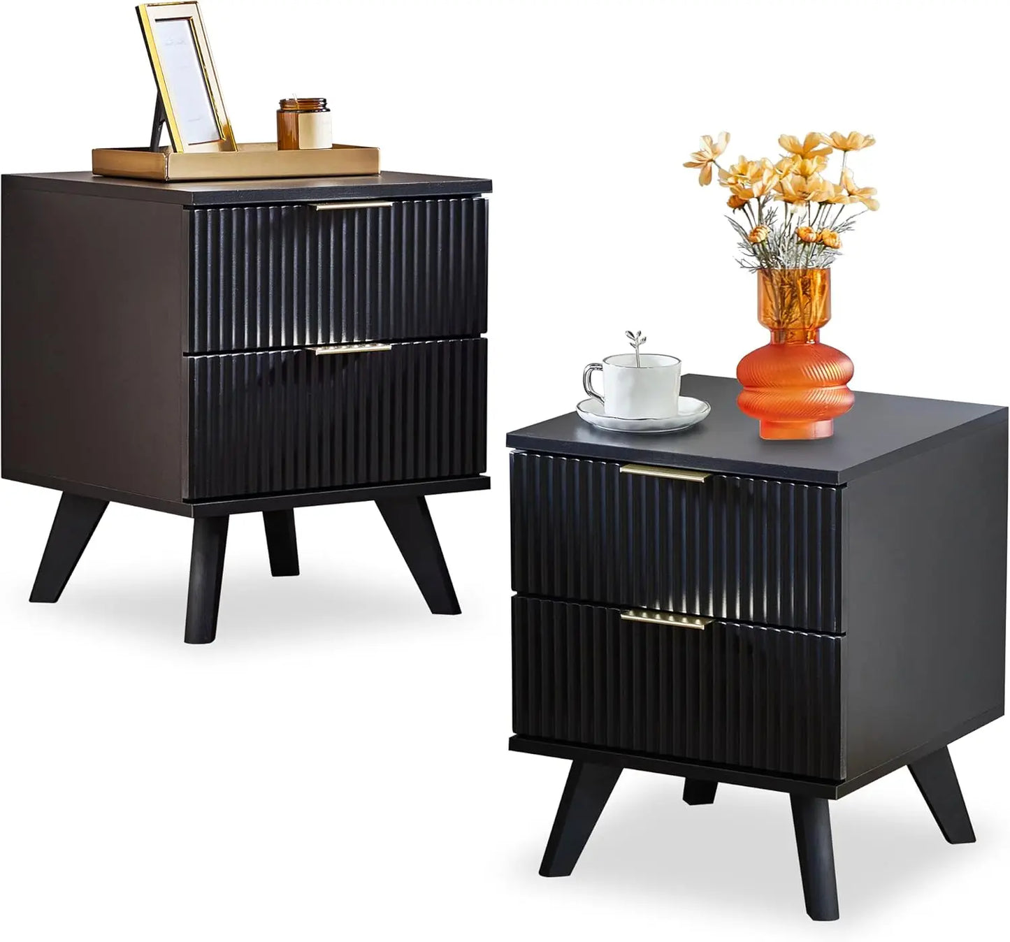 Fluted Nightstands Mid Century Modern Drawer Dresser Bedroom