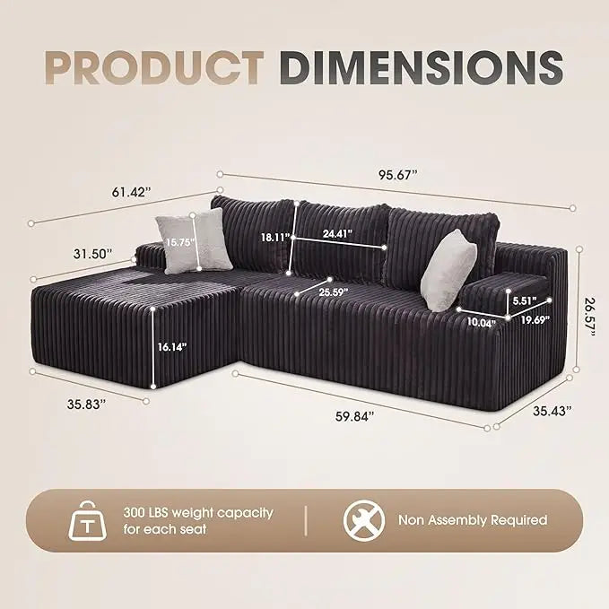 Modular L Shaped 3 Seat Sectional With Memory Foam Storage