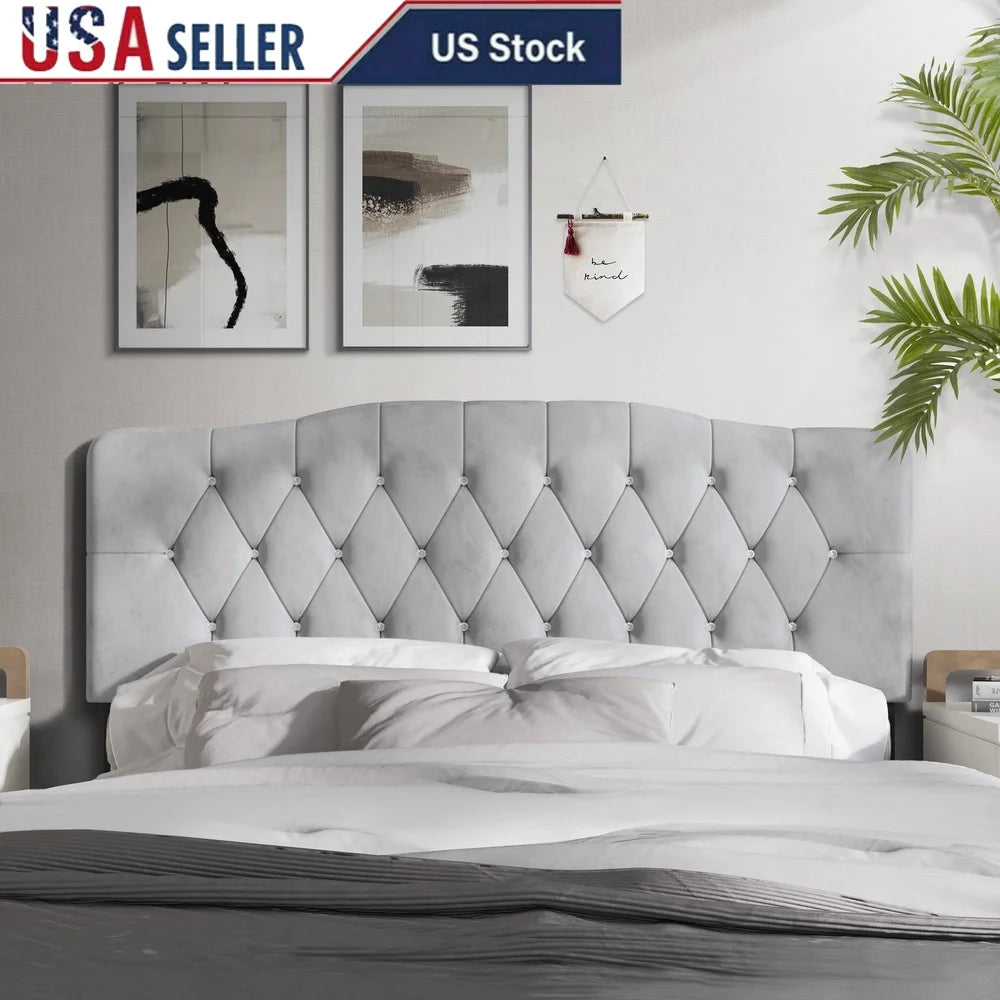Upholstered Tufted Headboard, Adjustable Height, Silver Grey Velvet, Queen Size, Luxurious & Comfortable