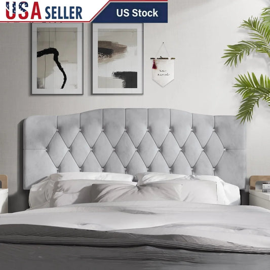Upholstered Tufted Headboard, Adjustable Height, Silver Grey Velvet, Queen Size, Luxurious & Comfortable