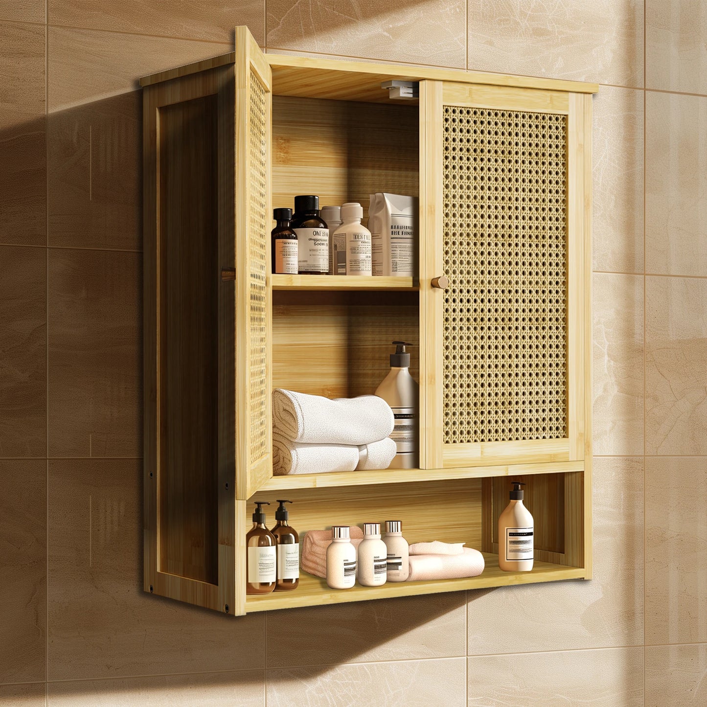 Solid Wood Bamboo Wall Cabinet Over Toilet With 3 Shelves