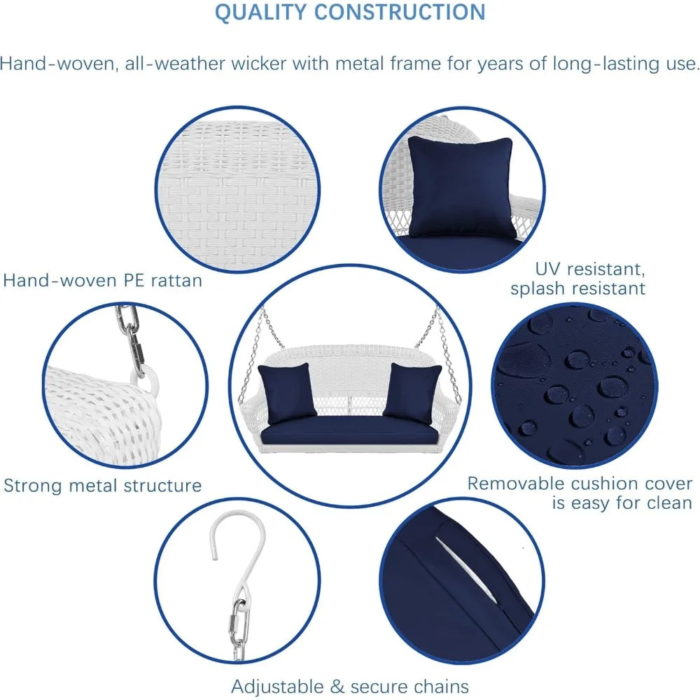 Wicker Porch Swing With Blue Cushion Outdoor Furniture