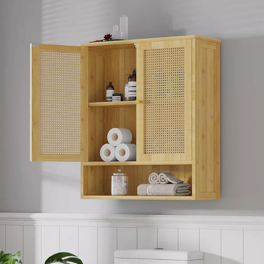 Solid Wood Bamboo Wall Cabinet Over Toilet With 3 Shelves