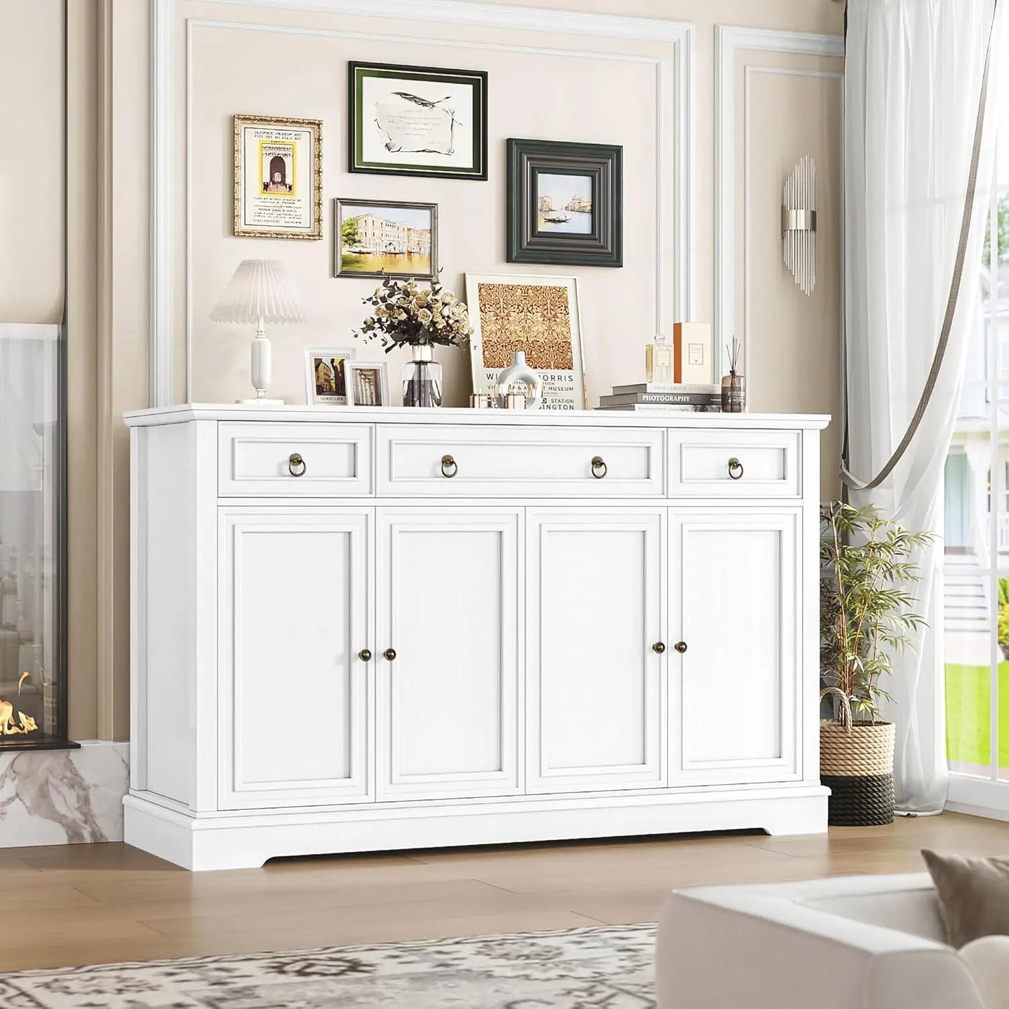 White Kitchen Buffet Cabinet With Storage 52 Inch Sideboard