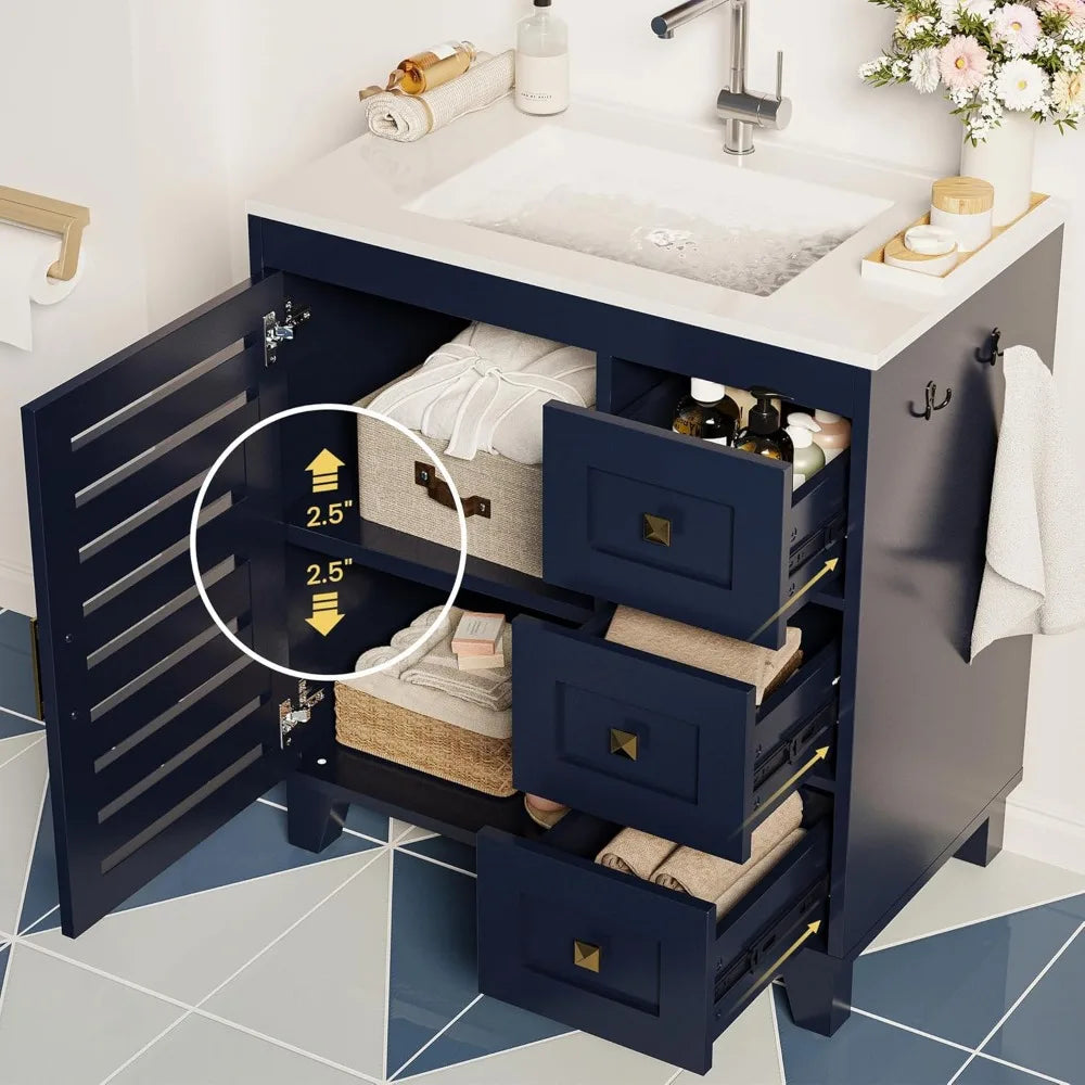 30.9" Dark Blue Bathroom Vanity w/Sink and Three Drawers