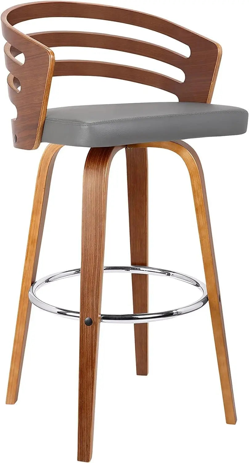 Modern Bar Stool 26 Inch Swivel Grey Faux Leather Walnut