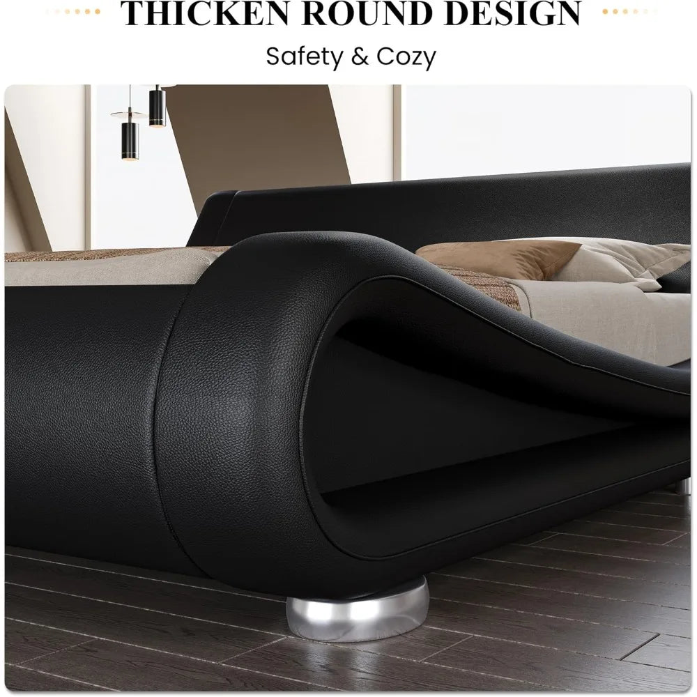 Queen Size Faux Leather Bed Frame With Ergonomic Headboard