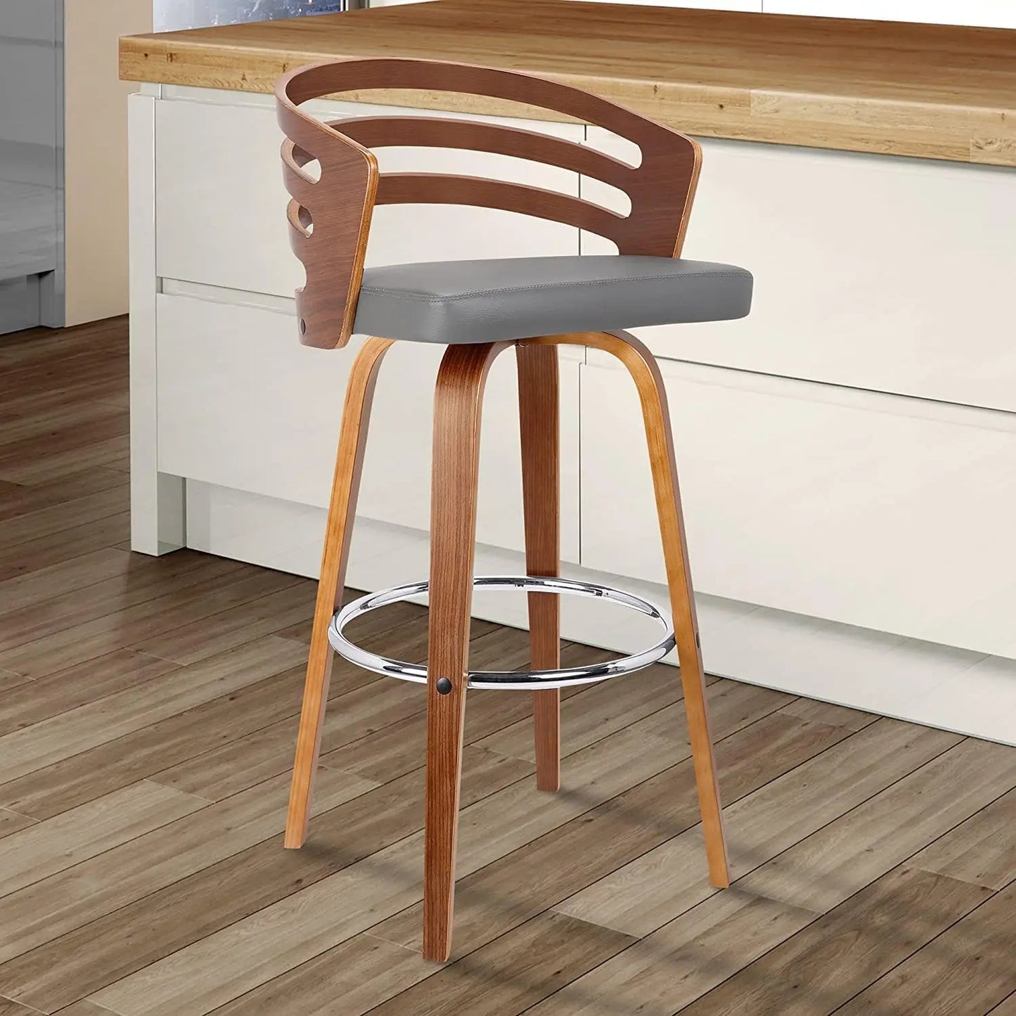 Modern Bar Stool 26 Inch Swivel Grey Faux Leather Walnut