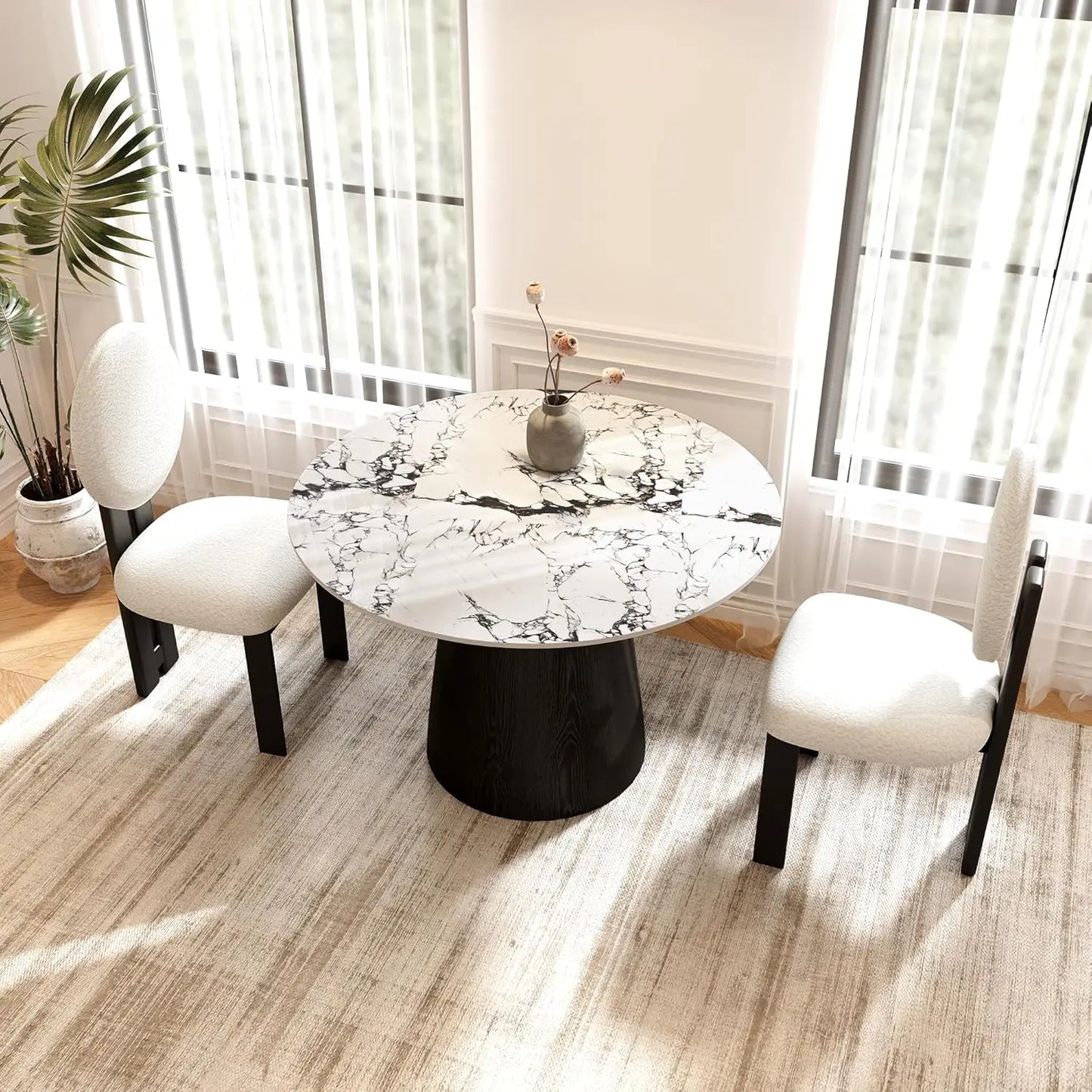 39" Round Dining Table Stone Top With Black Marble Look