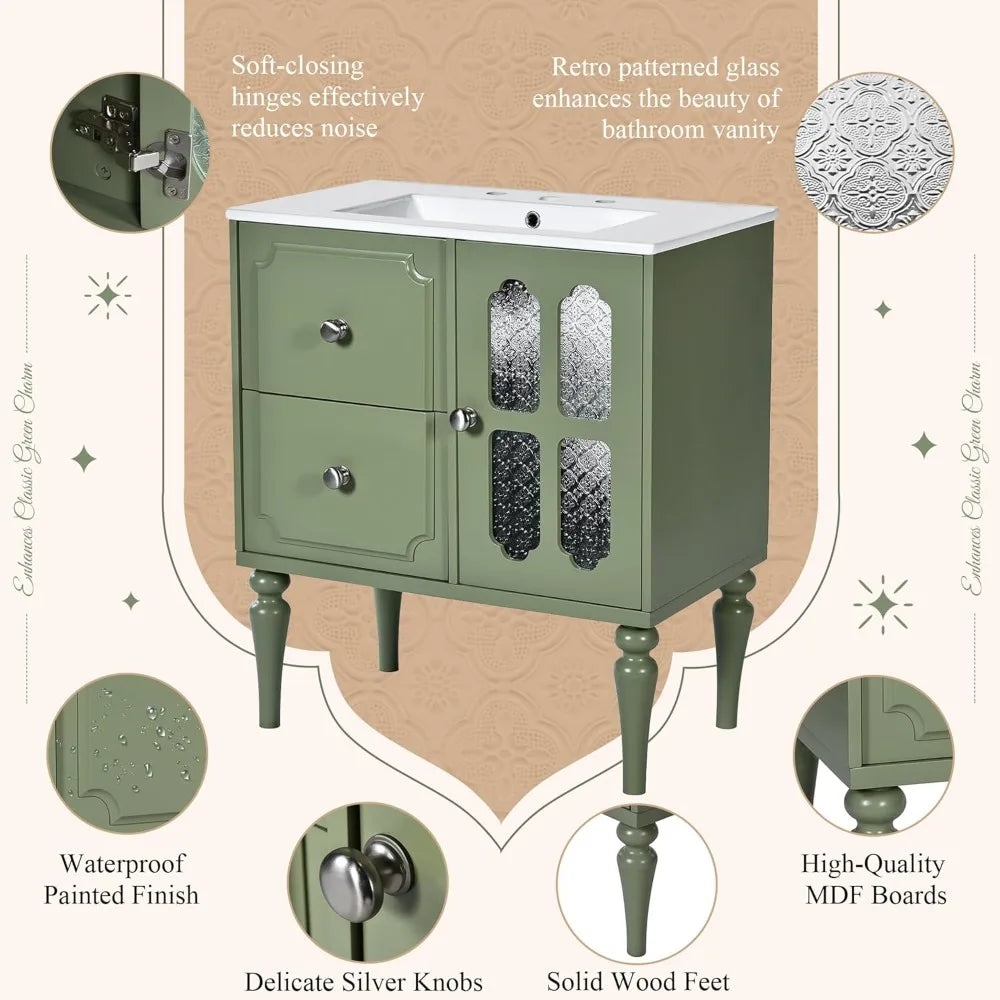 30" French Country Bathroom Vanity with Glass Door Sink