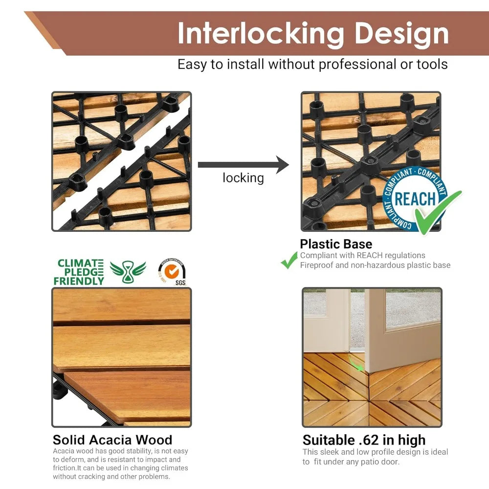 Acacia Wood Interlocking Deck Tiles 12x12 Waterproof Indoor Outdoor Flooring
