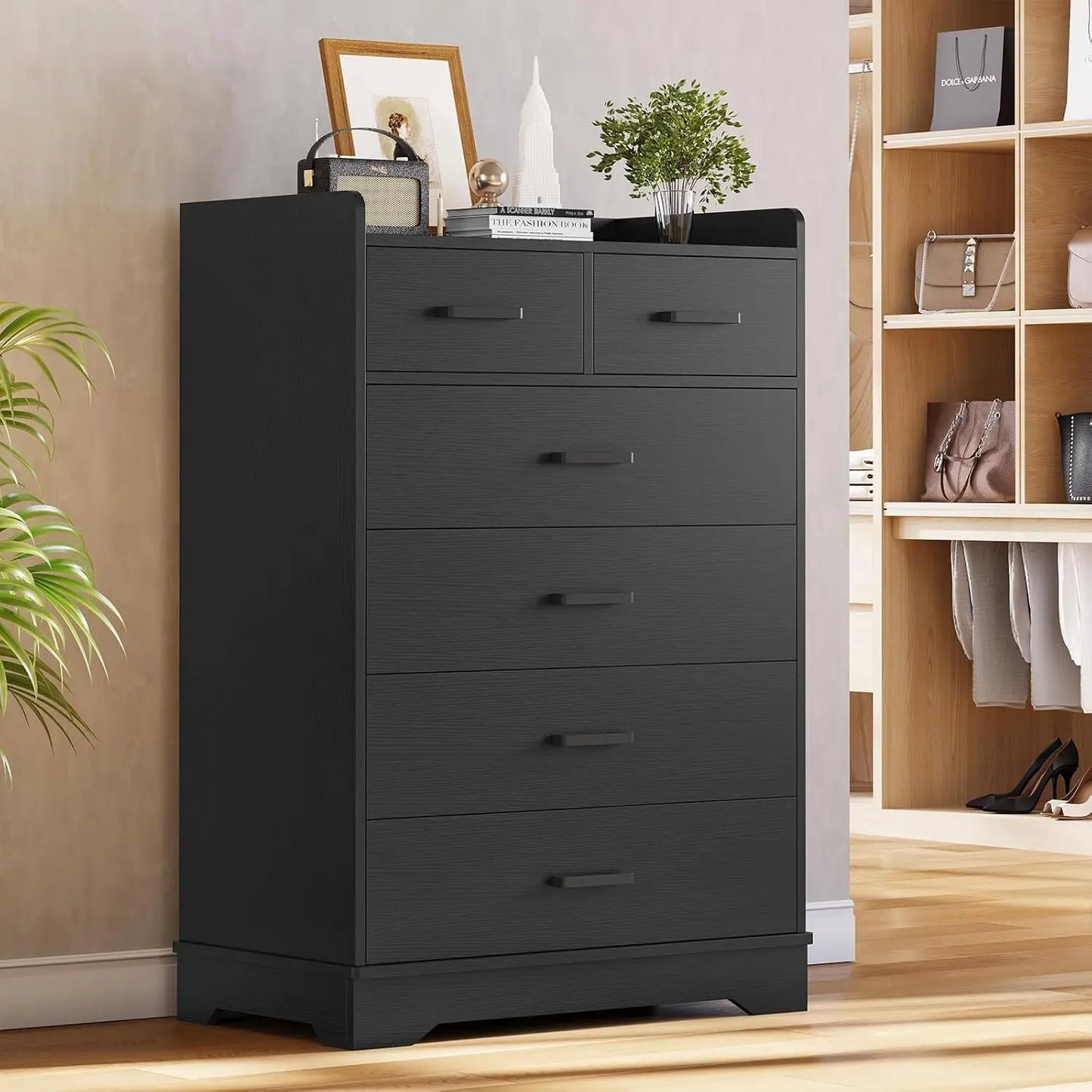 Black 6 Drawer Dresser Vertical Storage Chest Organizer