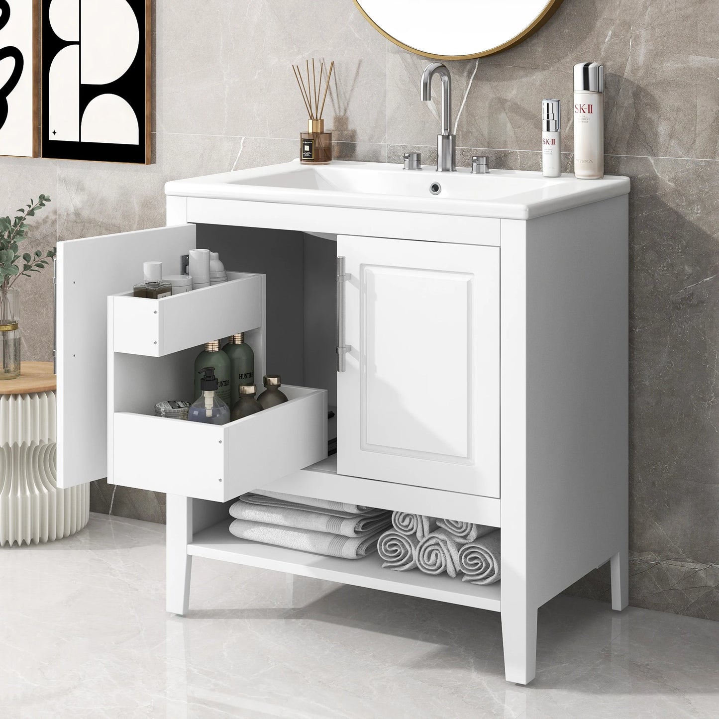 30" Bathroom Vanity Sink, White, MDF Cabinet With Doors