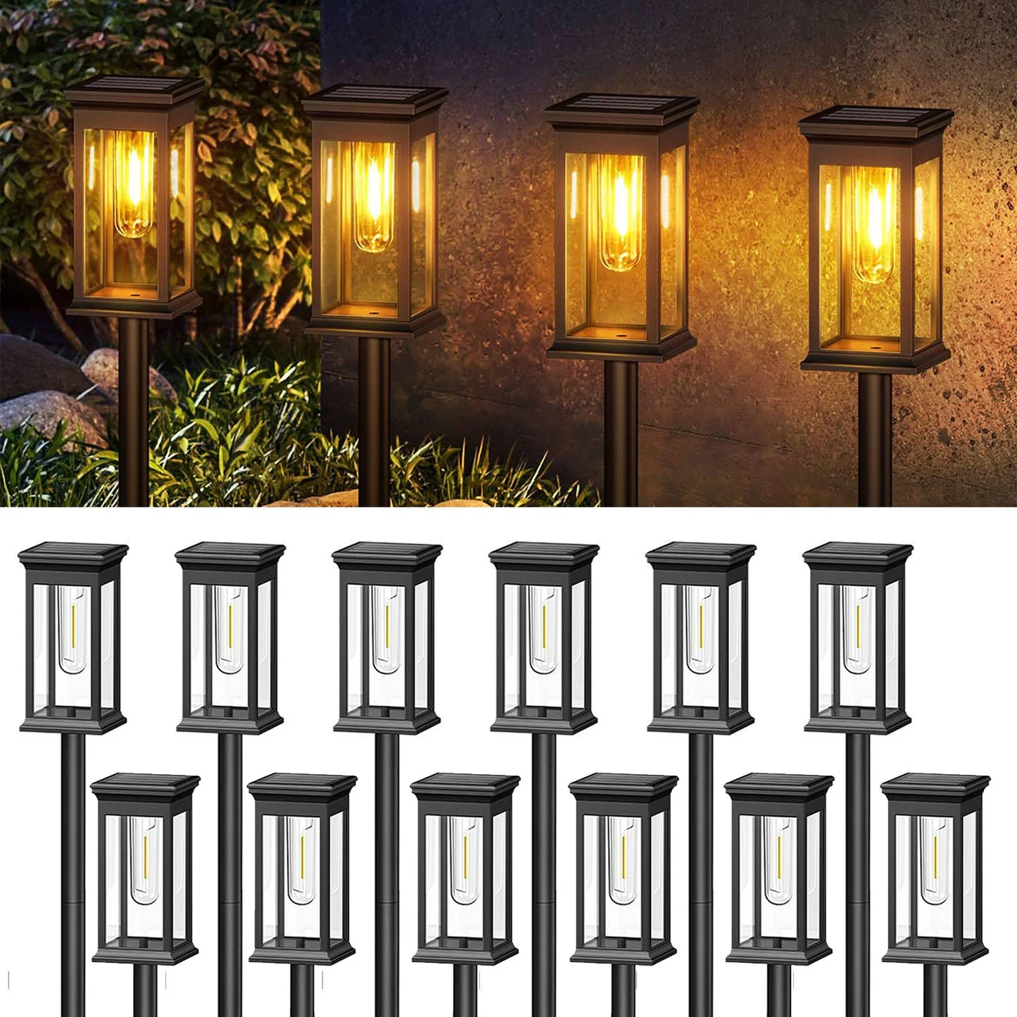 6 or 12 Pack [Upgraded] Solar Lights, 2700K Warm White, Super Bright 12Hrs, for Yard/Garden Walkway