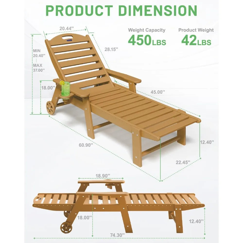Outdoor HDPE Chaise Lounge Set of 2 with Wheels Cup Holder