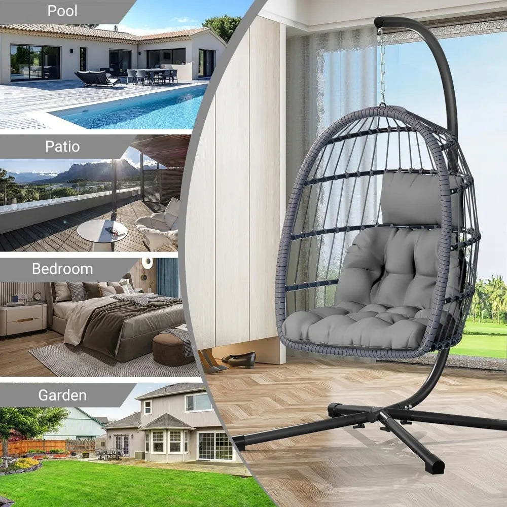 Rattan Wicker Swing Egg Chair with Stand, Aluminum Frame