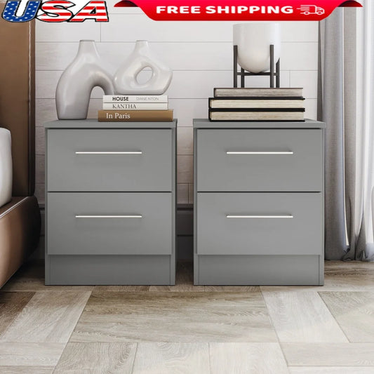 Two Drawer Nightstands Set Of 2 Modern Gray Bedside Tables