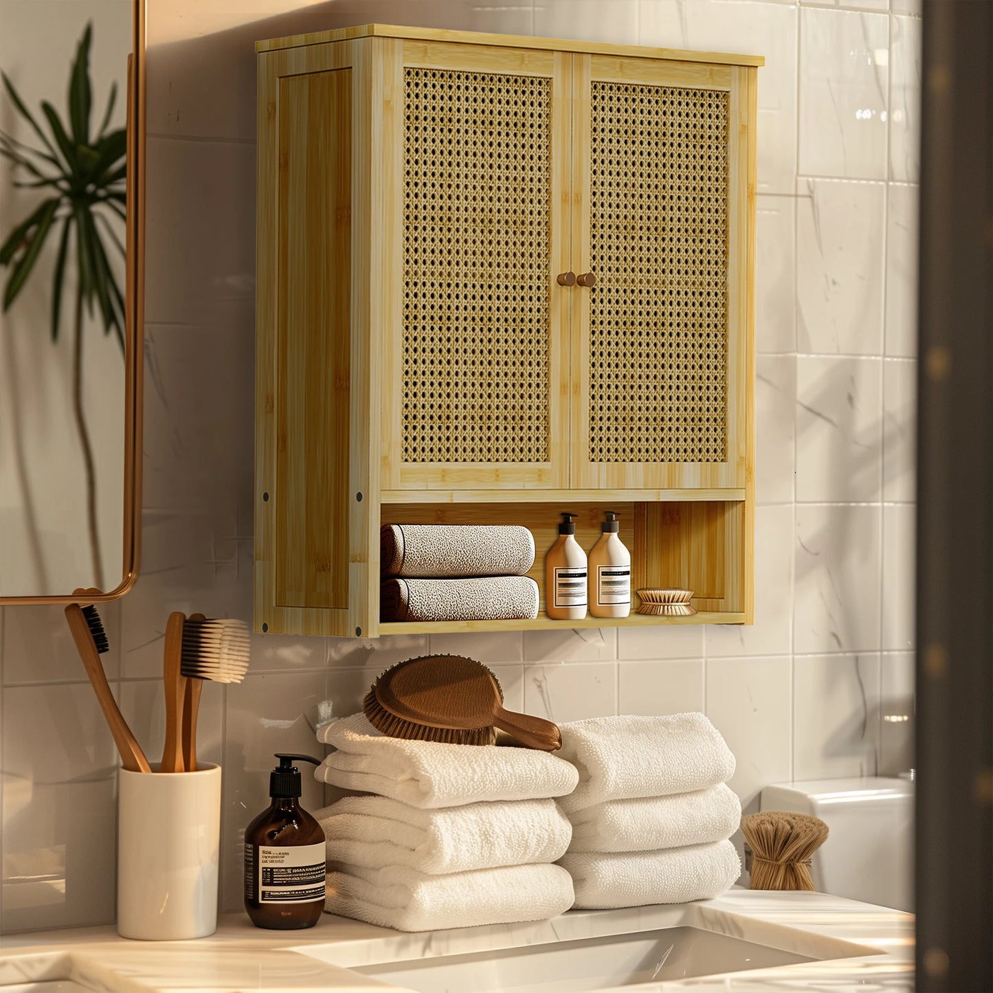 Solid Wood Bamboo Wall Cabinet Over Toilet With 3 Shelves