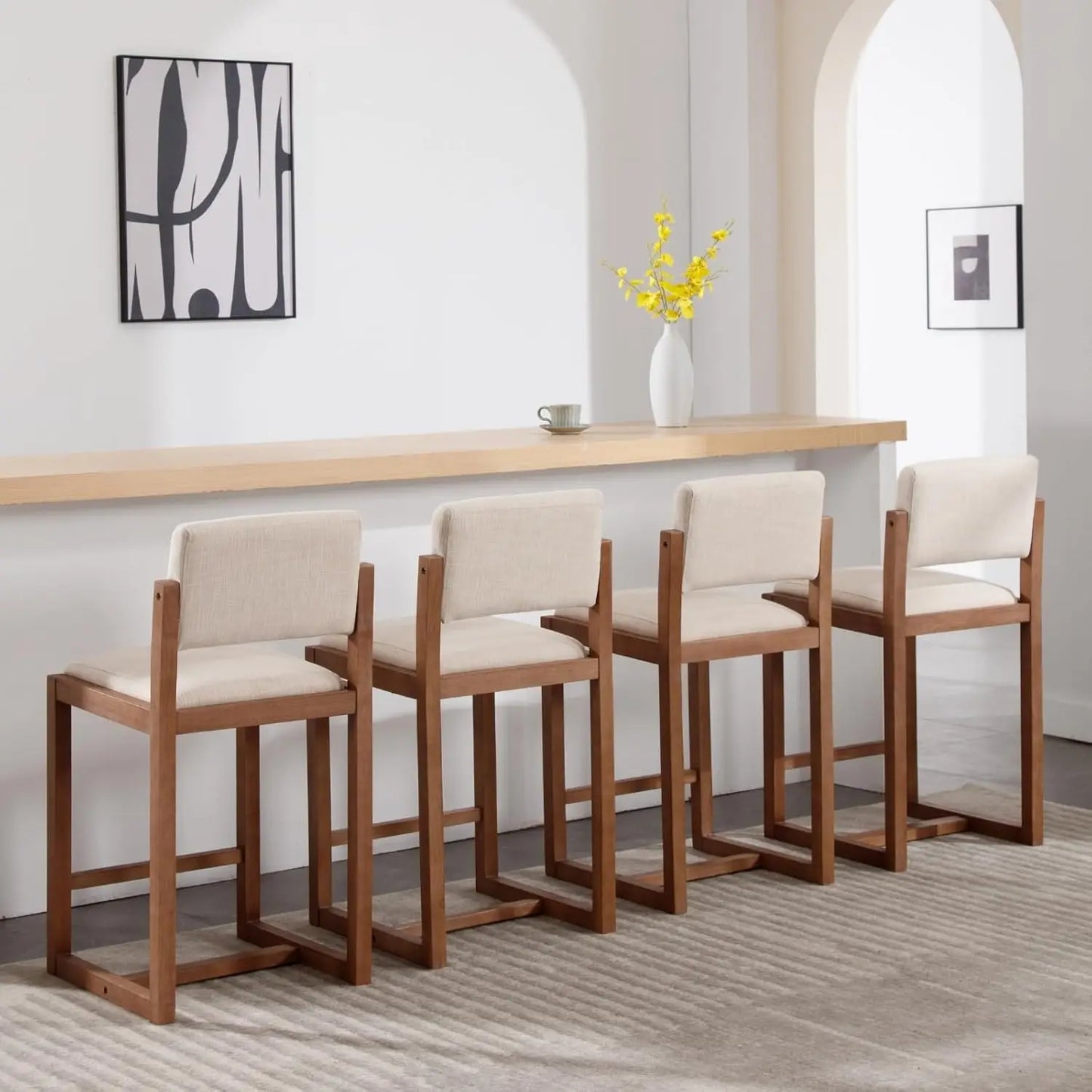 Modern Linen Bar Stools Set Of 4 With Wood Legs 26 Inch