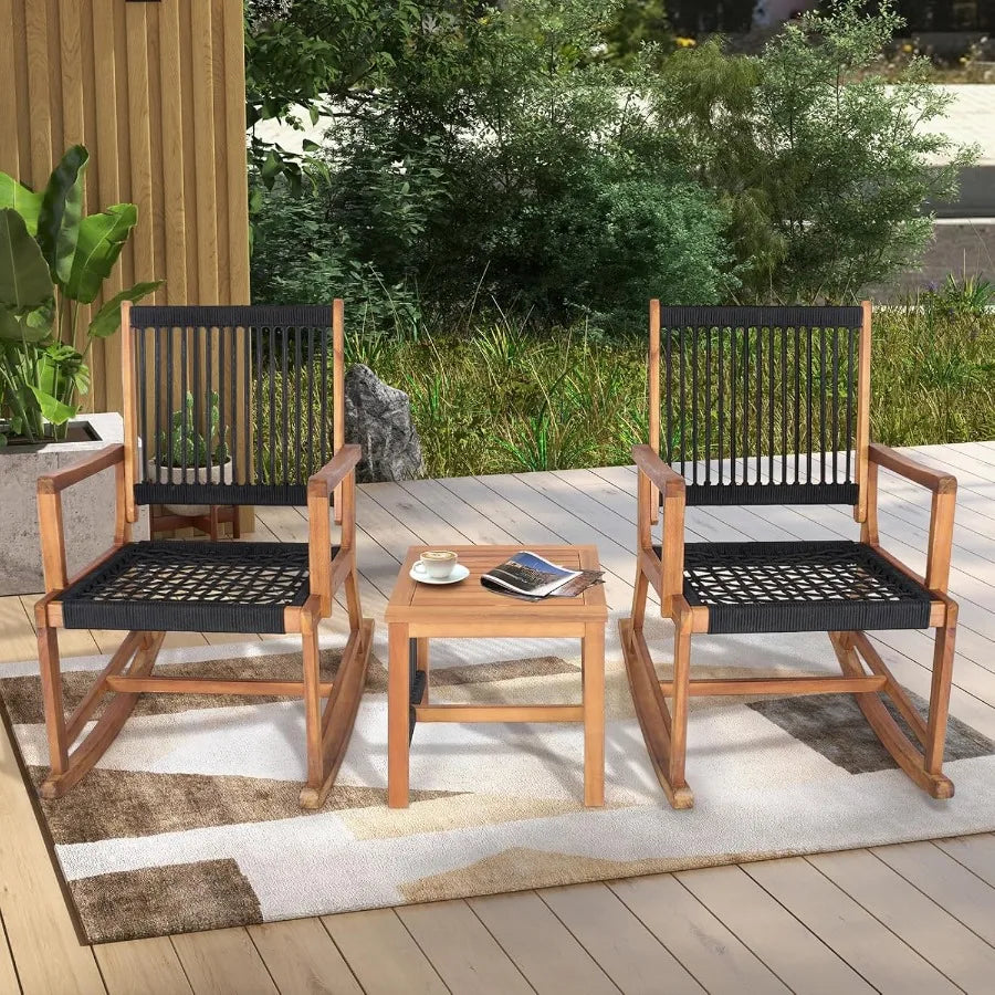 3 Piece Acacia Wood Rocking Bistro Set With All Weather Rope Woven Patio Coffee Table