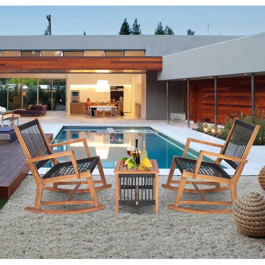 3 Piece Acacia Wood Rocking Bistro Set With All Weather Rope Woven Patio Coffee Table