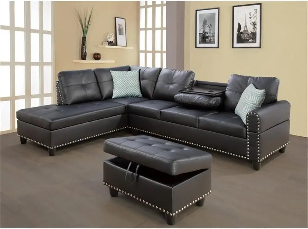 L-Shaped Faux Leather Sectional Sofa With Lift Top Ottoman Storage, Black