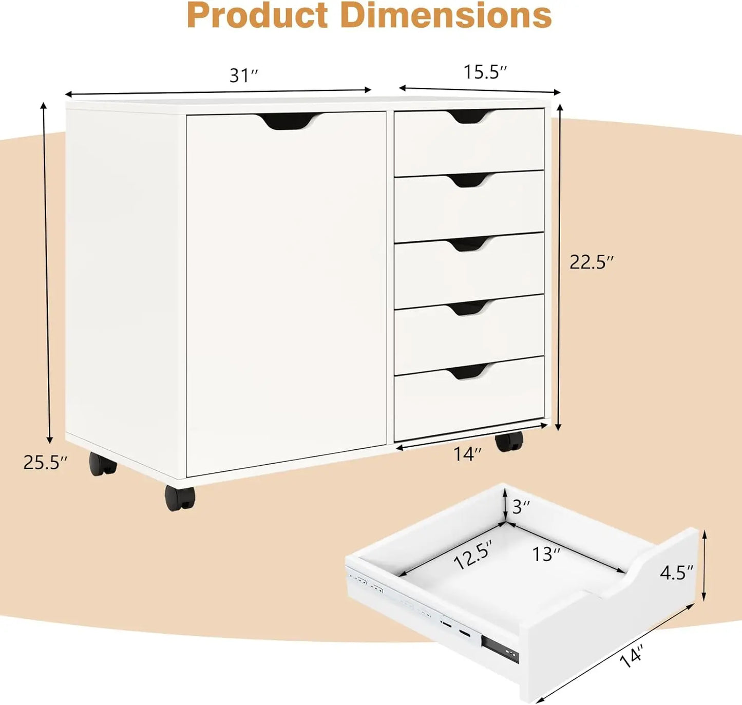 Storage Cabinet, White, Five Drawer Rolling Cabinet with Wheels (Closet or Office)