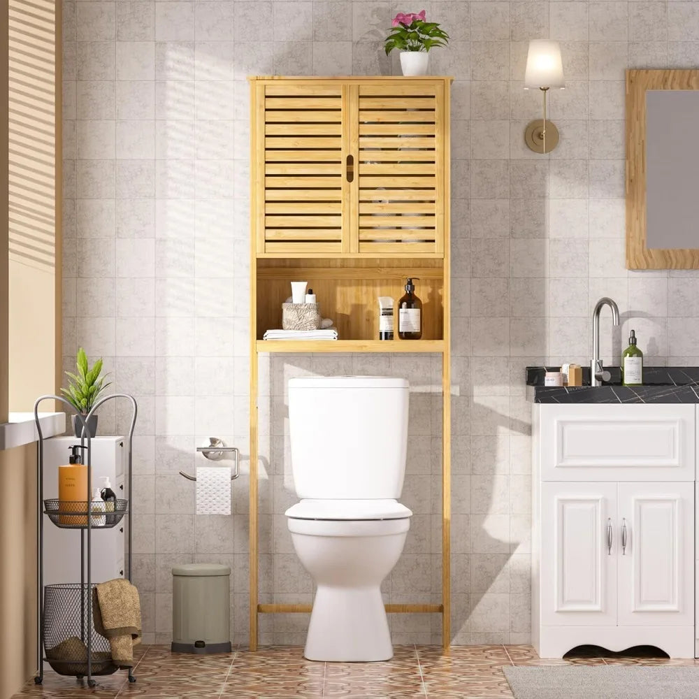 Fully upgraded-Over-The-Toilet Storage Shelf with Doors, Bathroom Freestanding Bamboo Organizer Space Saver with Adjustable Shelf