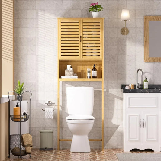 Fully upgraded-Over-The-Toilet Storage Shelf with Doors, Bathroom Freestanding Bamboo Organizer Space Saver with Adjustable Shelf