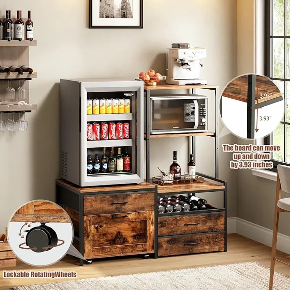 Mini Fridge Stand with Wine Rack, Kitchen Bakers Rack with Power Outlet, Microwave Oven Stand, Coffee Bar, Movable Drawers