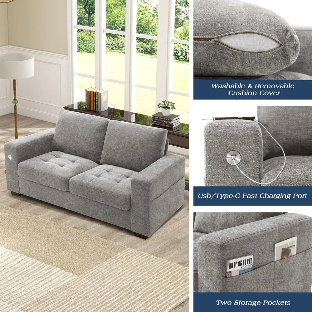 Living Room Sofas: Chenille Loveseat and Small 3-seater with USB ports and Removable Covers, Solid Wood Frame