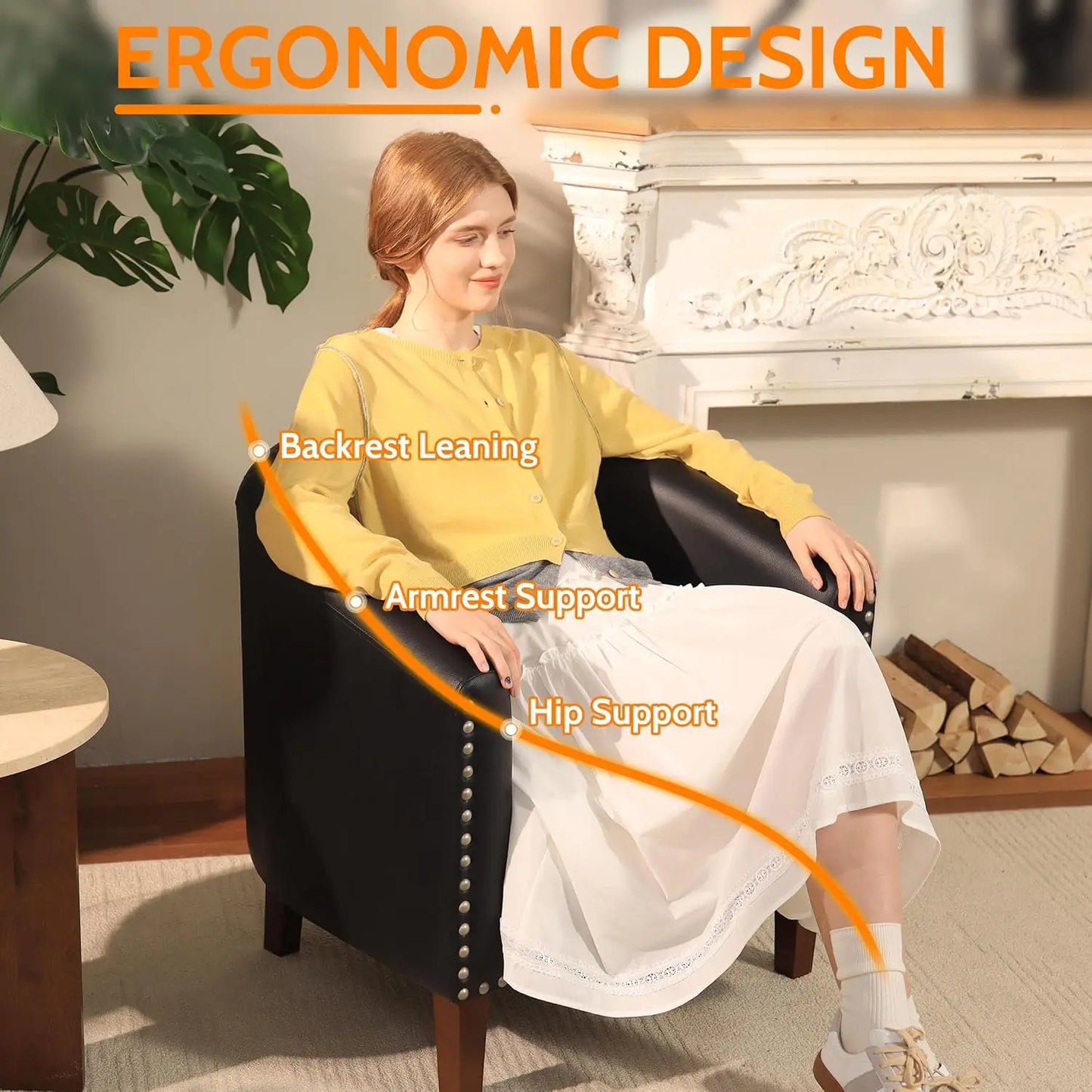 Barrel Chairs, Set of 2 Black Faux Leather Club Chairs