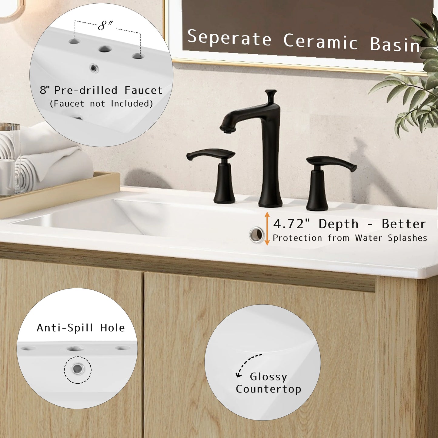 36" Vanity With Ceramic Sink Free Handle Design